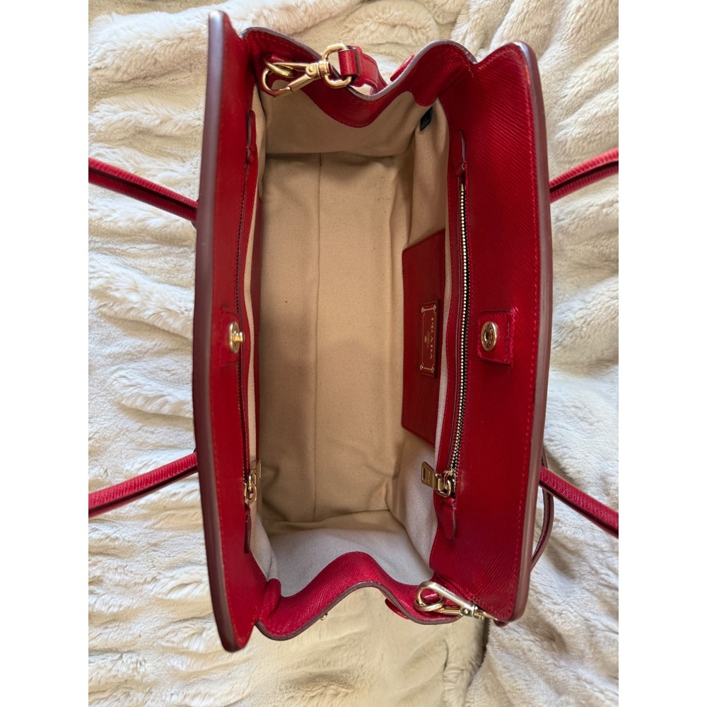 Prada Milano Red Saffiano Leather and Beige Canvas Tote Bag Handbag - Picture 7 of 15